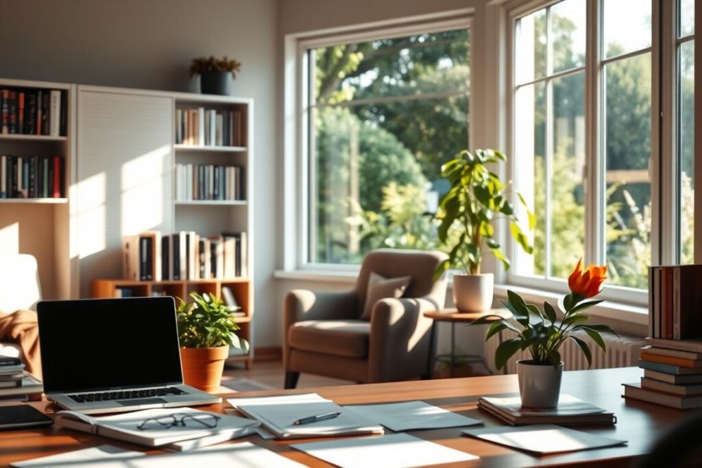 A tranquil office scene with a window overlooking a lush garden. In the foreground, a desk with organized papers, a laptop, and a potted plant. The middle ground features a cozy armchair and a bookshelf filled with inspiring reads. Natural light streams in, creating a warm, inviting atmosphere. In the background, a reflection of the garden can be seen through the window, symbolizing a harmonious balance between work and personal life. The overall mood is one of focused productivity, with hints of relaxation and personal fulfillment.