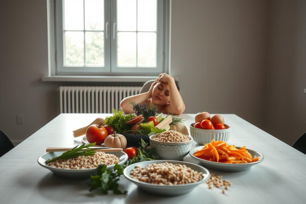 A tranquil scene of a serene dining table, lit by soft, natural light filtering through a large window. On the tabletop, an assortment of fresh, vibrant ingredients - crisp vegetables, fragrant herbs, and a variety of whole grains. A single person, seated in a mindful, upright posture, is focused intently on the act of savoring each bite, eyes closed and senses attuned to the textures, flavors, and aromas of the meal. The surrounding space is uncluttered, with clean lines and muted tones, creating a calming, contemplative atmosphere that encourages a deep appreciation for the nourishing, wholesome food.
