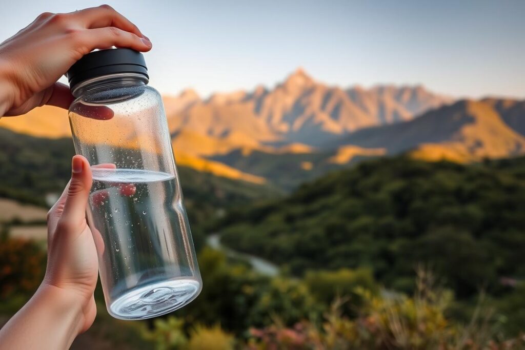 A tranquil scene of a traveler hydrating responsibly while exploring a scenic destination. In the foreground, a person's hands gracefully hold a reusable water bottle, the light catching the droplets on its surface. In the middle ground, a lush, verdant landscape unfolds, with rolling hills and vibrant foliage. The background is framed by a majestic mountain range, bathed in warm, golden light, creating a sense of serenity and adventure. The overall mood is one of mindfulness, balance, and appreciation for the natural world, conveying the importance of staying hydrated while on the go.