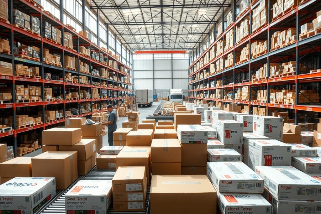 A vast warehouse interior, well-lit by natural light filtering through large windows. Shelves and conveyor belts bustle with carefully packaged e-commerce orders, ready for shipping. In the foreground, a variety of shipping options are displayed - from eco-friendly boxes to branded mailers, with various delivery speed tiers. Workers in the middle ground efficiently sort and load items, while in the background, trucks wait to transport the orders to their final destinations. The scene conveys the efficiency, organization, and variety of shipping solutions available to support a thriving e-commerce business.