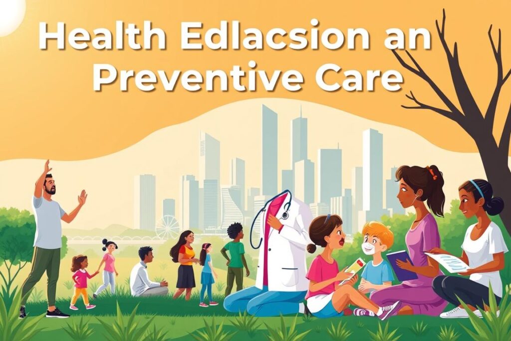 A vibrant and informative illustration of health education and preventive care. In the foreground, a group of diverse individuals engaged in various wellness activities - a man practicing yoga, a woman receiving a medical checkup, and children learning about proper nutrition. The middle ground features a city skyline, symbolizing the community-wide impact of health education. The background is bathed in warm, natural lighting, conveying a sense of vitality and well-being. The composition is balanced, with a mix of people, buildings, and nature, reflecting the holistic approach to preventive healthcare. The overall mood is one of empowerment, education, and a proactive commitment to personal and public health.