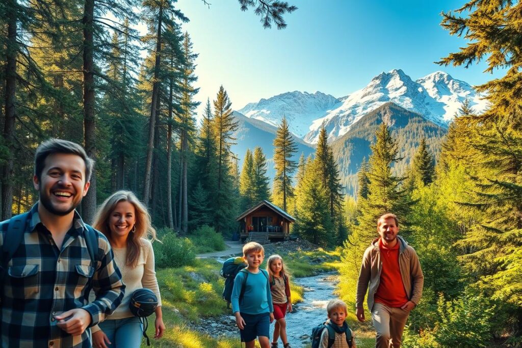 A vibrant and joyful family travel scene. In the foreground, a group of smiling parents and children explore a lush, sun-dappled forest, surrounded by towering trees and a winding stream. In the middle ground, a rustic cabin or campsite nestled among the foliage, with outdoor gear and supplies scattered about. In the background, majestic snow-capped mountains rise up, bathed in warm, golden light. The overall atmosphere is one of adventure, togetherness, and a deep connection with nature. The lighting is soft and natural, with dappled shadows playing across the scene. The camera angle is wide, capturing the expansive, picturesque landscape. This image perfectly captures the spirit of family travel and exploration.