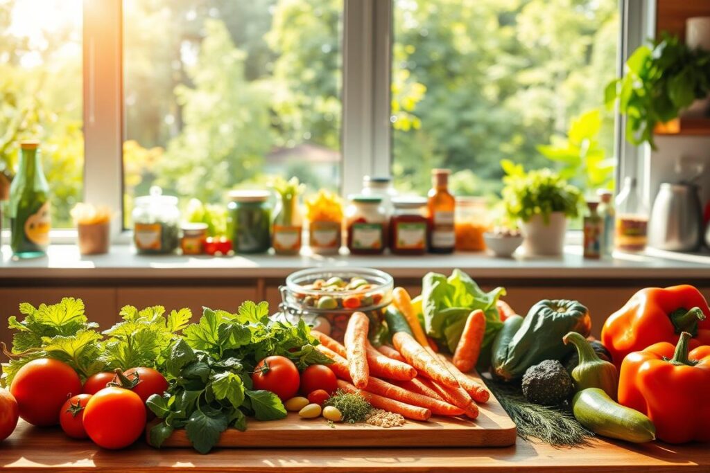A vibrant and welcoming kitchen, sunlight streaming through the windows, illuminating a bountiful spread of fresh, wholesome ingredients. In the foreground, a wooden cutting board showcases an array of colorful fruits and vegetables - crisp greens, juicy tomatoes, crunchy carrots, and vibrant bell peppers. Behind them, a sleek, modern kitchen counter displays an enticing array of jars and bottles containing wholesome superfoods, grains, and herbs. The background features a large, airy window overlooking a lush, verdant garden, creating a serene, nurturing atmosphere. The scene radiates a sense of balance, vitality, and the joy of mindful, nourishing food preparation.