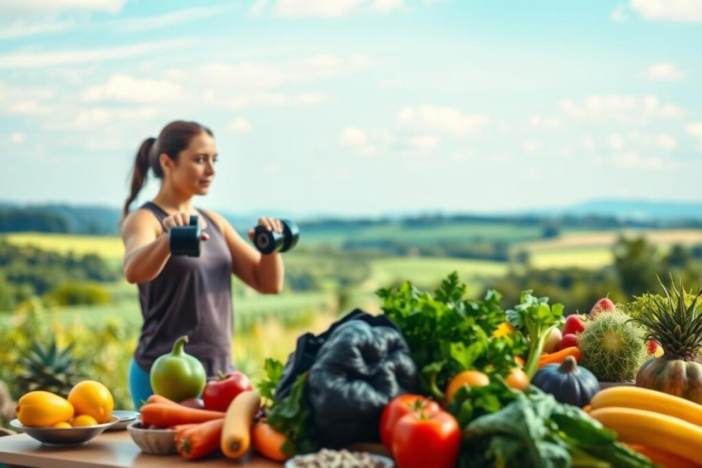 A vibrant, detailed scene depicting chronic disease prevention strategies. In the foreground, a person exercises with weights, their determined expression highlighting the importance of physical activity. In the middle ground, a table features a variety of fresh, colorful produce, symbolizing a balanced, nutrient-rich diet. In the background, a serene natural landscape with a clear, blue sky, conveying a sense of wellness and harmony. Warm, soft lighting illuminates the scene, creating a peaceful, inspiring atmosphere. Captured with a wide-angle lens to showcase the holistic approach to chronic disease prevention.