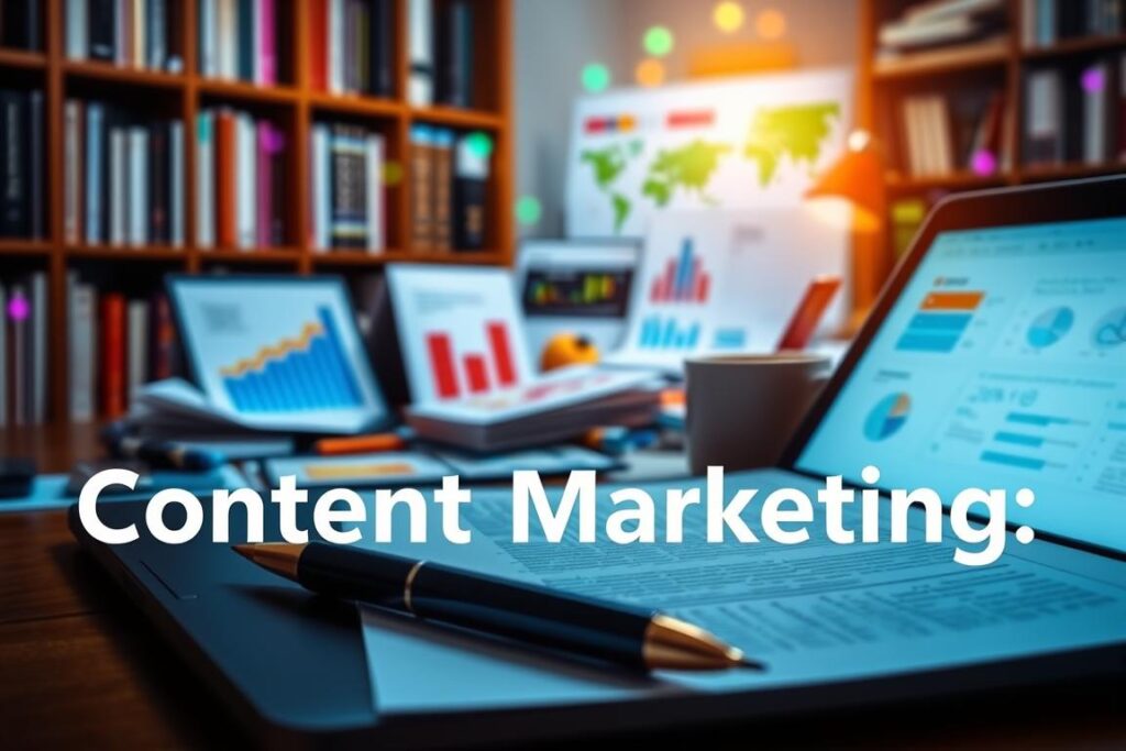 A vibrant digital landscape, illuminated by the warm glow of a laptop screen. In the foreground, a pen and paper, symbolizing the fusion of traditional and modern content creation. In the middle ground, a desktop littered with inspiration - colorful graphs, social media icons, and a cup of coffee, fueling the creative process. The background features a bookshelf, a nod to the wealth of knowledge and research that powers effective content marketing. The overall atmosphere is one of focus, creativity, and a sense of forward momentum, capturing the essence of "Content Marketing: Fueling Your SEO Efforts".