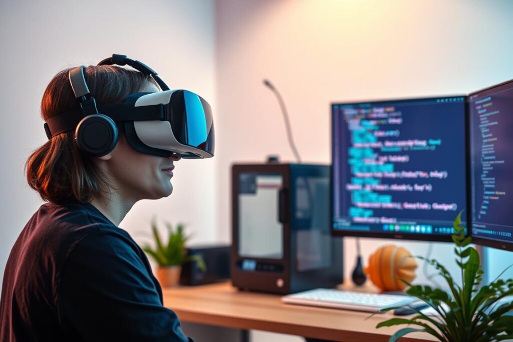 A vibrant digital landscape showcasing a variety of tech-savvy hobbies for personal growth. In the foreground, a person is intently focused on a futuristic virtual reality headset, immersed in a captivating digital world. In the middle ground, a 3D printer diligently creates a new object, reflecting the maker's creativity and problem-solving skills. In the background, a serene coding environment with lines of code flowing across multiple screens, signifying the intellectual challenge and satisfaction of programming. Soft, diffused lighting casts a warm glow, while the composition emphasizes the harmony between technology and personal development. An aura of curiosity, exploration, and a thirst for knowledge permeates the scene, inspiring the viewer to embrace their own digital hobbies for growth.