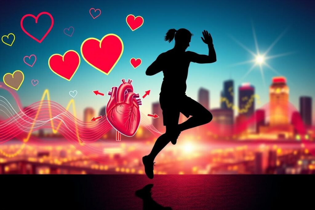 A vibrant, high-energy illustration of the key cardiovascular benefits of HIIT (high-intensity interval training) exercises. In the foreground, a silhouetted figure performing dynamic jumping jacks against a backdrop of stylized heart icons, pulsing lines, and vivid swirls of red, blue, and yellow. The middle ground features a detailed anatomical illustration of the heart, with arrows highlighting increased blood flow and oxygen circulation. In the background, a cityscape skyline blurs into the distance, representing the real-world applications and transformative power of HIIT for improved overall fitness and well-being. The lighting is bright and energetic, with a cinematic lens flare effect adding depth and drama. The overall mood is one of vitality, intensity, and the profound physiological impacts of this effective cardiovascular training method.