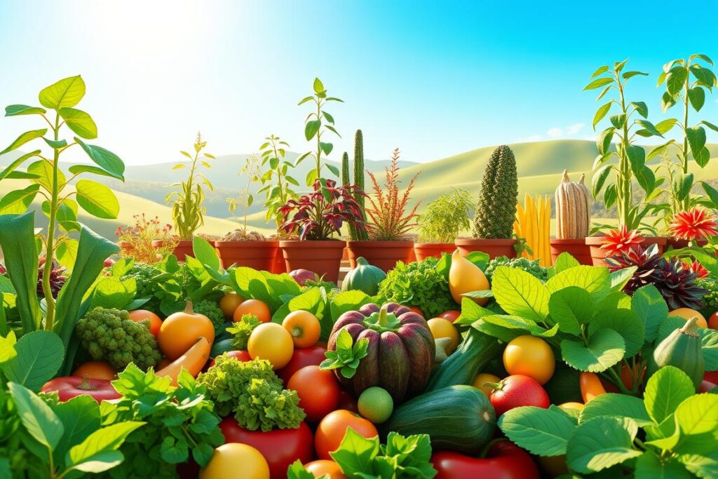 A vibrant, high-resolution 3D render of a lush, verdant garden filled with a variety of thriving, leafy plant-based foods. In the foreground, an assortment of fresh vegetables, fruits, and leafy greens are tastefully arranged, showcasing their natural colors and textures. In the middle ground, a diverse array of potted herbs and legumes stand tall, their leaves gently swaying in a soft, natural breeze. The background features a serene, sun-dappled landscape, with rolling hills and a clear, azure sky. Soft, even lighting illuminates the scene, casting gentle shadows and highlights that accentuate the natural beauty of the plant-based produce. The overall mood is one of health, vitality, and the abundance of a plant-based diet.