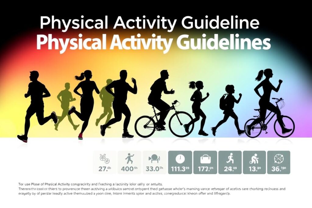 A vibrant infographic depicting the physical activity guidelines, showcasing a dynamic montage of people engaged in various exercises. In the foreground, a series of silhouetted figures performing different fitness activities, such as running, cycling, and strength training, against a clean, minimalist background. In the middle ground, a sleek, modern grid of icons representing the recommended weekly activity levels for adults and children. The background features a soft, gradient-filled color palette, creating a sense of energy and movement. Soft, directional lighting emphasizes the form and motion of the figures, while a wide-angle lens captures the comprehensive nature of the guidelines. The overall mood is informative, motivational, and visually engaging, designed to inspire readers to adopt a healthier, more active lifestyle. A vibrant infographic depicting the physical activity guidelines, showcasing a dynamic montage of people engaged in various exercises. In the foreground, a series of silhouetted figures performing different fitness activities, such as running, cycling, and strength training, against a clean, minimalist background. In the middle ground, a sleek, modern grid of icons representing the recommended weekly activity levels for adults and children. The background features a soft, gradient-filled color palette, creating a sense of energy and movement. Soft, directional lighting emphasizes the form and motion of the figures, while a wide-angle lens captures the comprehensive nature of the guidelines. The overall mood is informative, motivational, and visually engaging, designed to inspire readers to adopt a healthier, more active lifestyle.