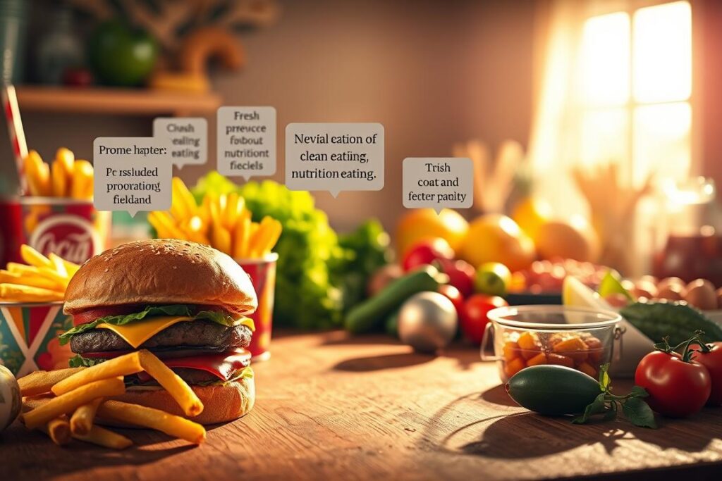 A vibrant, realistic still life depicting various healthy eating myths. In the foreground, a collection of common food items like a burger, fries, and soda pop, suggesting unhealthy habits. In the middle ground, realistic 3D models of distorted facts and misinformation float, casting shadows. In the background, a warm, soft-focus scene of fresh produce, clean eating, and nutritious meals. Dramatic, high-contrast lighting illuminates the scene, creating depth and emphasizing the dichotomy between the myths and reality. Subtle grain and depth of field blur enhance the photorealistic quality.