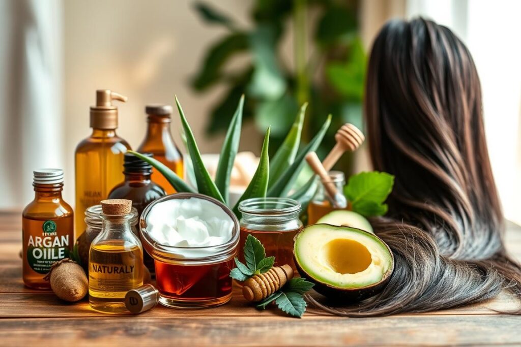 A vibrant still life arrangement showcasing the essential ingredients for repairing damaged hair. In the foreground, a selection of natural oils and butters including argan, coconut, and shea, arranged neatly on a wooden surface. In the middle ground, a range of nourishing plant extracts like aloe vera, honey, and avocado, complemented by a few strands of lustrous, healthy hair. The background features a soft, blurred bokeh effect, highlighting the focus on the key ingredients. Soft, natural lighting illuminates the scene, casting gentle shadows and enhancing the rich, earthy tones. The overall mood is one of nourishment, transformation, and the restorative power of nature-based haircare.