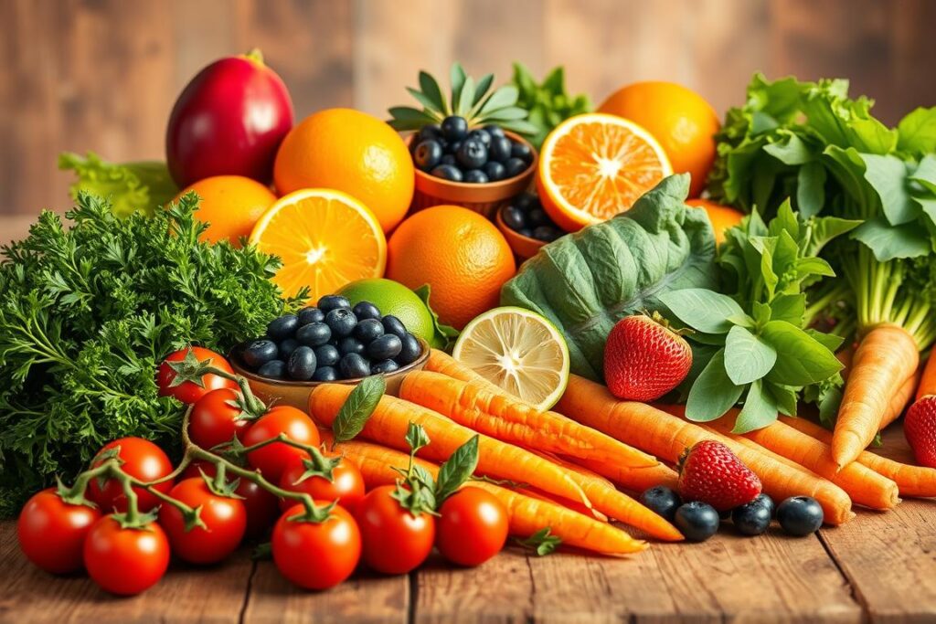 A vibrant still life featuring a variety of fresh, nutrient-dense foods for optimal oral health. In the foreground, ripe red tomatoes, crunchy carrots, and crisp leafy greens are arranged on a rustic wooden table, bathed in warm, golden lighting. In the middle ground, juicy citrus fruits like oranges and limes add pops of vibrant color, while clusters of blueberries and strawberries add a touch of sweetness. The background is softly blurred, highlighting the focus on the healthy ingredients. The overall composition conveys a sense of balance, vitality, and the connection between a nutritious diet and a healthy, radiant smile.