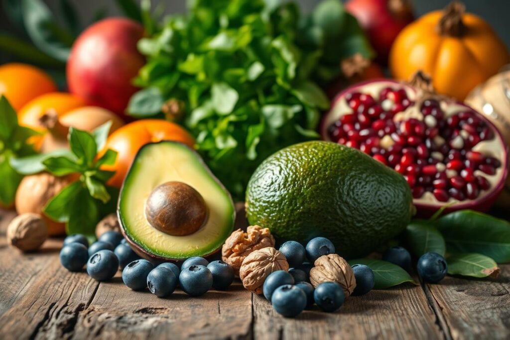A vibrant still life of an assortment of anti-aging superfoods, bathed in warm, natural lighting and captured with a high-resolution lens. In the foreground, ripe avocados, blueberries, and walnuts sit atop a rustic wooden table. Behind them, a vibrant array of leafy greens, vibrant oranges, and ruby-red pomegranate seeds create a visually striking composition. The overall scene conveys a sense of health, vitality, and the power of nutrient-dense foods to promote youthfulness and longevity.