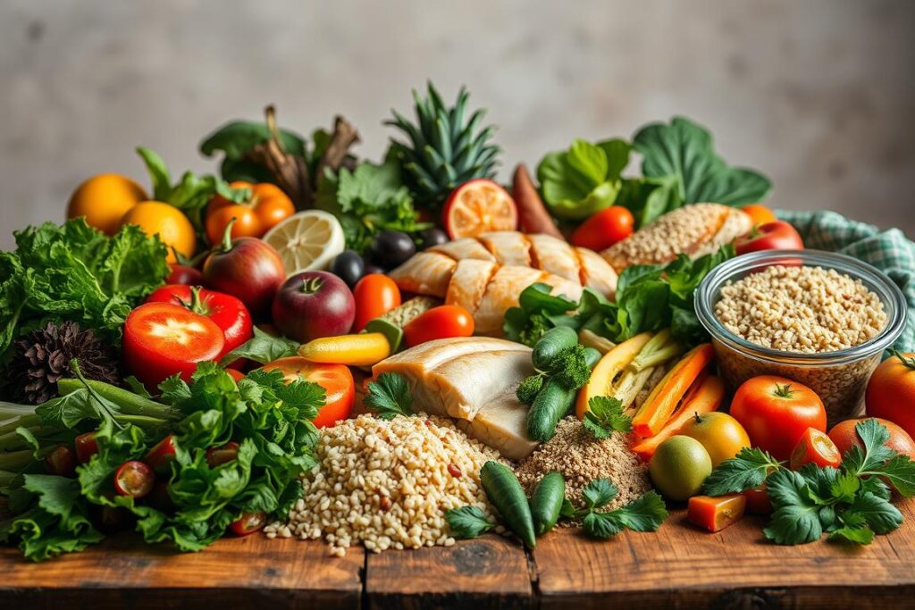 A vibrant still life scene showcasing a variety of wholesome, nutrient-dense foods on a rustic wooden table. In the foreground, a mix of fresh leafy greens, crisp vegetables, and juicy fruits are artfully arranged, their colors and textures creating a visually appealing composition. In the middle ground, a selection of lean protein sources, such as grilled chicken breast and fresh fish filets, are accompanied by hearty whole grains like quinoa and brown rice. The background features a neutral, natural backdrop, perhaps a textured wall or window, allowing the healthy ingredients to take center stage. The lighting is warm and diffused, highlighting the natural beauty and vibrancy of the whole foods, creating an inviting and appetizing atmosphere.