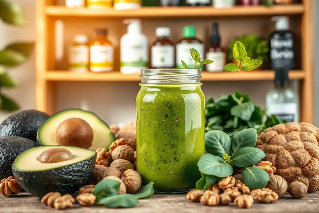 A vibrant still life showcasing the essential nutrients for healthy, lustrous hair. In the foreground, a selection of superfoods like avocado, walnuts, and spinach are artfully arranged, their rich colors and textures accentuated by warm, natural lighting. In the middle ground, a glass jar filled with a vibrant green smoothie with flecks of chia seeds and a sprig of mint, symbolizing the importance of nutrient-dense beverages. In the background, a wooden shelf displays various hair care products, their labels hinting at the nourishing ingredients within, such as argan oil, biotin, and keratin. The overall composition emanates a sense of balance, health, and the power of incorporating natural, wholesome elements into one's haircare routine. A vibrant still life showcasing the essential nutrients for healthy, lustrous hair. In the foreground, a selection of superfoods like avocado, walnuts, and spinach are artfully arranged, their rich colors and textures accentuated by warm, natural lighting. In the middle ground, a glass jar filled with a vibrant green smoothie with flecks of chia seeds and a sprig of mint, symbolizing the importance of nutrient-dense beverages. In the background, a wooden shelf displays various hair care products, their labels hinting at the nourishing ingredients within, such as argan oil, biotin, and keratin. The overall composition emanates a sense of balance, health, and the power of incorporating natural, wholesome elements into one's haircare routine.