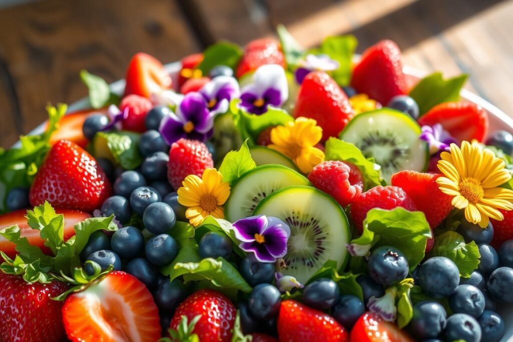 A vibrant, sun-dappled salad overflows with the lush bounty of summer. In the foreground, ripe strawberries, blueberries, and kiwi slices are artfully arranged, their juicy textures and vivid hues glistening under soft, warm lighting. The middle ground features a mix of fresh leafy greens, crisp cucumber slices, and plump, jewel-toned raspberries, creating a visually striking harmony. Delicate edible flowers, such as pansies and marigolds, are scattered throughout, adding pops of color and an elegant, whimsical touch. Against a backdrop of a rustic wooden table, this abundant, nourishing summer fruit salad captures the essence of the season's vibrant, healthful offerings.