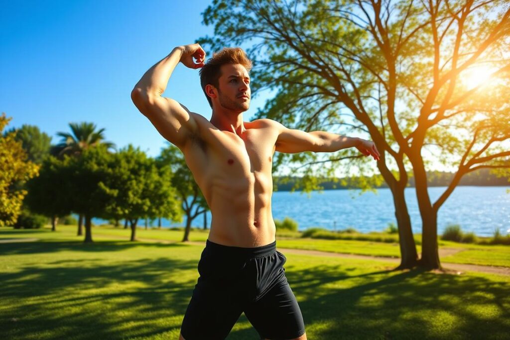 A vibrant, sun-drenched outdoor scene featuring a fit, athletically-built person demonstrating a series of summer fitness exercises. In the foreground, the individual performs dynamic stretches, their toned physique accentuated by the warm lighting. In the middle ground, a lush, verdant park setting with swaying trees casts dappled shadows. In the background, a serene lake reflects the azure sky, creating a tranquil, restorative atmosphere. The overall mood is one of energy, vitality and a sense of overcoming challenges through dedicated, outdoor fitness routines during the summer months.