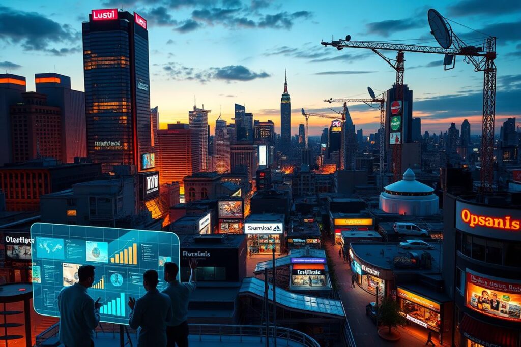 A vibrant, visually striking image of "effective digital marketing strategies" that reflects the subject of "Unlock Your Entrepreneurial Potential" and the section title "Marketing Your Business Effectively": A dynamic cityscape at dusk, with towering skyscrapers and neon-lit billboards casting a warm glow over the bustling streets below. In the foreground, a team of digital marketing experts huddle around a large holographic display, analyzing intricate charts and graphs that illuminate the latest trends and strategies. The middle ground is filled with a diverse array of small businesses, each showcasing their unique branding and online presence through sleek, responsive websites and engaging social media posts. In the background, a sprawling network of fiber-optic cables and satellite dishes connect this digital landscape, pulsing with the flow of data and information that powers modern entrepreneurship.