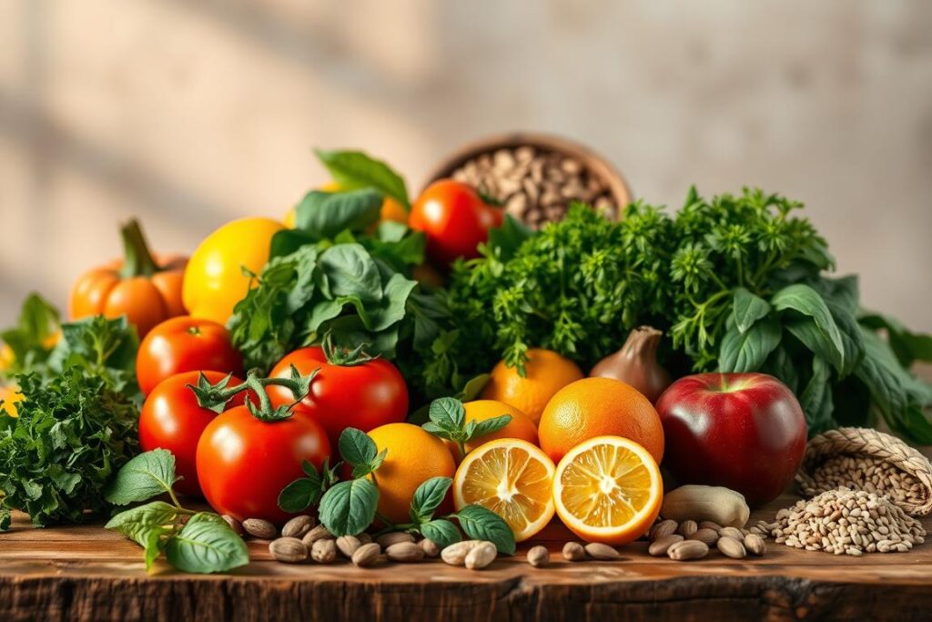 A visually striking still life arrangement showcasing a selection of "power foods" known to help lower blood pressure. In the foreground, a variety of vibrant fruits and vegetables sit atop a rustic wooden table, including plump tomatoes, leafy greens, juicy citrus fruits, and fresh herbs. The middle ground features a variety of nuts, seeds, and whole grains, while the background is softly blurred, creating a sense of depth and focus on the key ingredients. The lighting is warm and natural, casting gentle shadows and highlighting the colors and textures of the healthy, nutritious foods. The overall mood is one of wellness, vitality, and the power of a blood pressure-lowering diet.