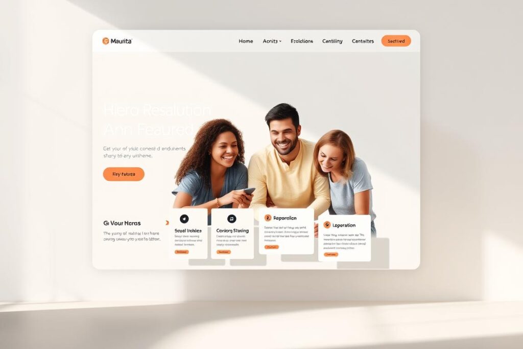 A visually striking, user-friendly website design with a clean, minimalist aesthetic. A striking hero section features a vibrant, high-resolution hero image showcasing a happy, diverse group of people interacting with the website. The middle ground showcases neatly organized, easy-to-navigate menus and cards highlighting key features. The background incorporates subtle, muted patterns and textures that create a sense of depth and sophistication. The lighting is soft and diffused, creating a warm, inviting atmosphere. The overall composition is balanced, with a cohesive color palette and intuitive layout that seamlessly guides the user through the website.