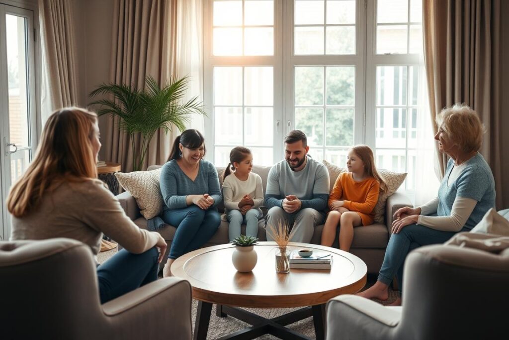 A warm and inviting family therapy session, with a cozy living room setting. In the foreground, a family - a mother, father, and two children - sit around a coffee table, engaged in an open and honest discussion. The parents listen attentively, while the children express their thoughts and feelings. Soft lighting filters through large windows, creating a serene and calming atmosphere. The room is furnished with earth-toned furniture and accessories, exuding a sense of comfort and safety. The therapist, situated off to the side, observes the session with a compassionate gaze, guiding the family through their challenges with empathy and understanding.