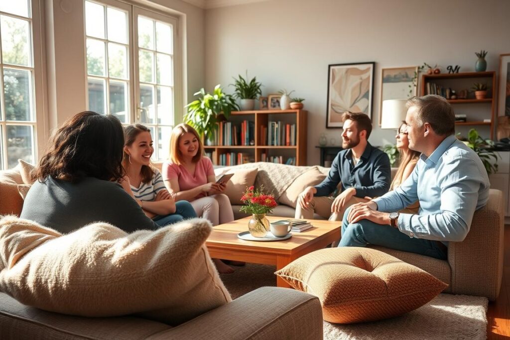 A warm and inviting living room scene, filled with natural light streaming through large windows. In the foreground, a group of people are gathered around a coffee table, deep in conversation, their body language open and engaged. Soft textures like plush throw pillows and a cozy rug create a sense of comfort and togetherness. In the middle ground, bookshelves line the walls, suggesting an atmosphere of learning and intellectual exchange. The background features potted plants and artwork, adding a touch of vibrancy and personalization to the space. The overall mood is one of connection, understanding, and emotional well-being.
