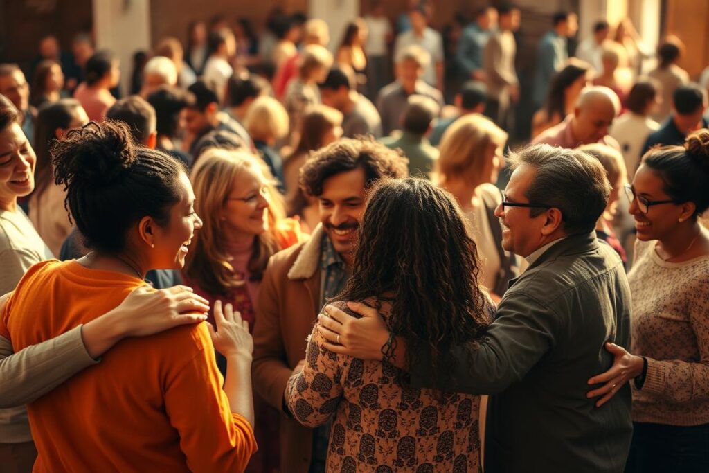 A warm, intimate gathering of diverse individuals embracing and connecting, bathed in a soft, golden light. In the foreground, a group of people of varying ages and backgrounds, their faces alight with joy and understanding as they share a moment of genuine connection. In the middle ground, smaller clusters of people engaged in lively conversation, their gestures animated and their expressions open. In the background, a sense of community and belonging, with people moving fluidly, their movements creating a harmonious, integrated whole. The scene evokes a palpable sense of love, empathy, and the strength that comes from shared human experiences.