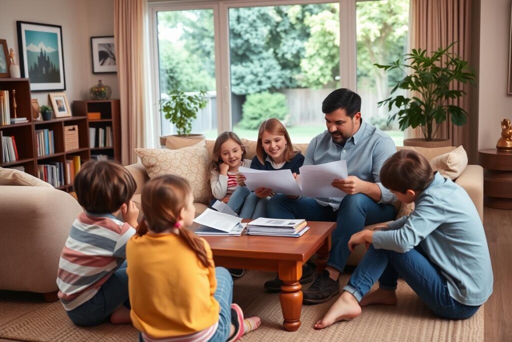 A warm, inviting living room scene with a family gathered around a coffee table, discussing and reviewing their family's budget together. In the foreground, a couple sits on a plush couch, intently reviewing financial documents and discussing expenses. In the middle ground, their children sit on the floor, offering suggestions and ideas. The background showcases a cozy, well-lit room with bookshelves, artwork, and a large window overlooking a lush, green backyard. The overall atmosphere is one of collaboration, openness, and a shared commitment to responsible financial planning.