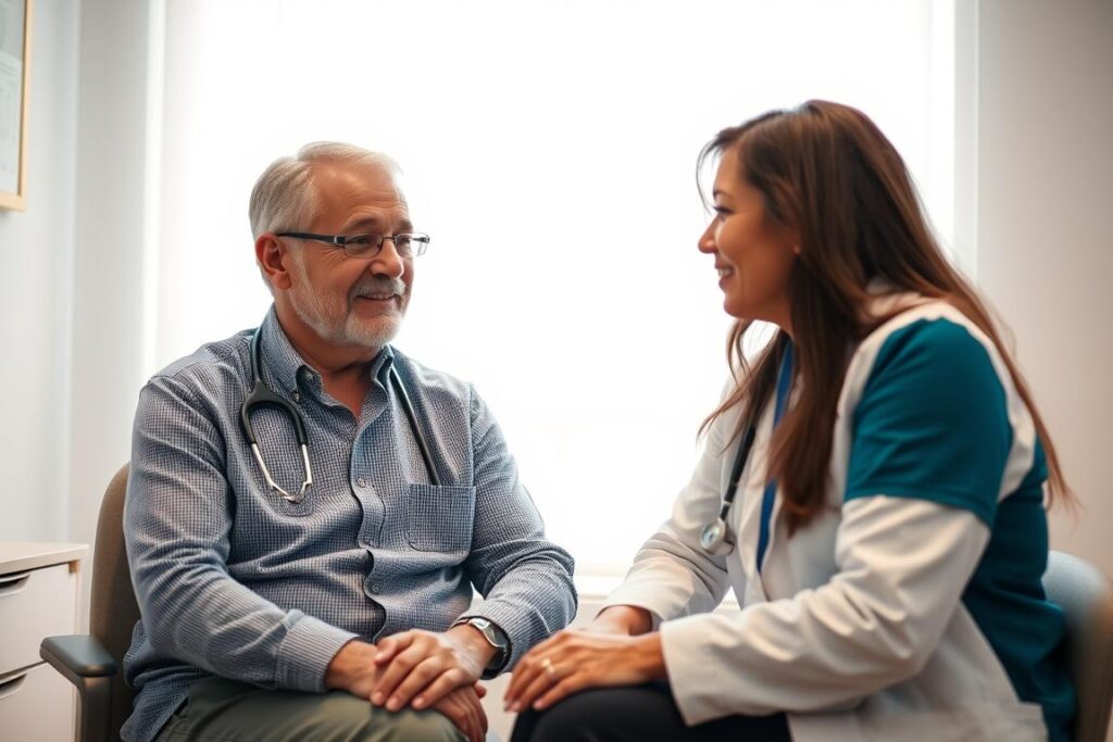A warm, well-lit doctor's office with a patient and healthcare provider engaged in sincere conversation. The patient sits comfortably, making direct eye contact, exuding an expression of trust and openness. The provider leans forward, their face reflecting genuine concern and attentiveness. Soft, diffused lighting illuminates the scene, creating a calming, professional atmosphere. The background is slightly blurred, keeping the focus on the interaction between the two individuals. The overall mood conveys a sense of collaborative partnership, where effective communication and mutual understanding are paramount.