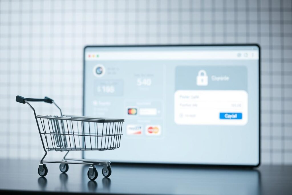A well-designed online checkout process with a clean, modern interface. The foreground depicts a minimalist shopping cart UI, with intuitive buttons, input fields, and an order summary. The middle ground showcases a secure payment gateway, featuring digital wallet icons and credit card symbols. The background has a subtle grid pattern, conveying a sense of order and efficiency. Soft, diffused lighting illuminates the scene, creating a calming and professional atmosphere. The overall composition highlights the seamless integration of a streamlined checkout experience, optimized for a frictionless e-commerce transaction.