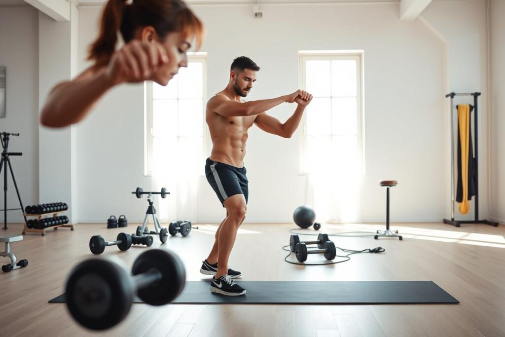 A well-designed workout routine unfolds in a bright, airy studio with natural lighting streaming through large windows. In the foreground, a determined individual performs a series of carefully curated exercises, their muscles rippling under the skin as they move with precision and control. The middle ground showcases various workout equipment, including free weights, resistance bands, and a sleek exercise mat, all arranged in an organized, visually appealing manner. The background depicts a serene, minimalist setting, with clean lines and a neutral color palette that creates a sense of focus and clarity. The overall atmosphere conveys a harmonious blend of discipline, progress, and a deep commitment to achieving one's fitness goals.