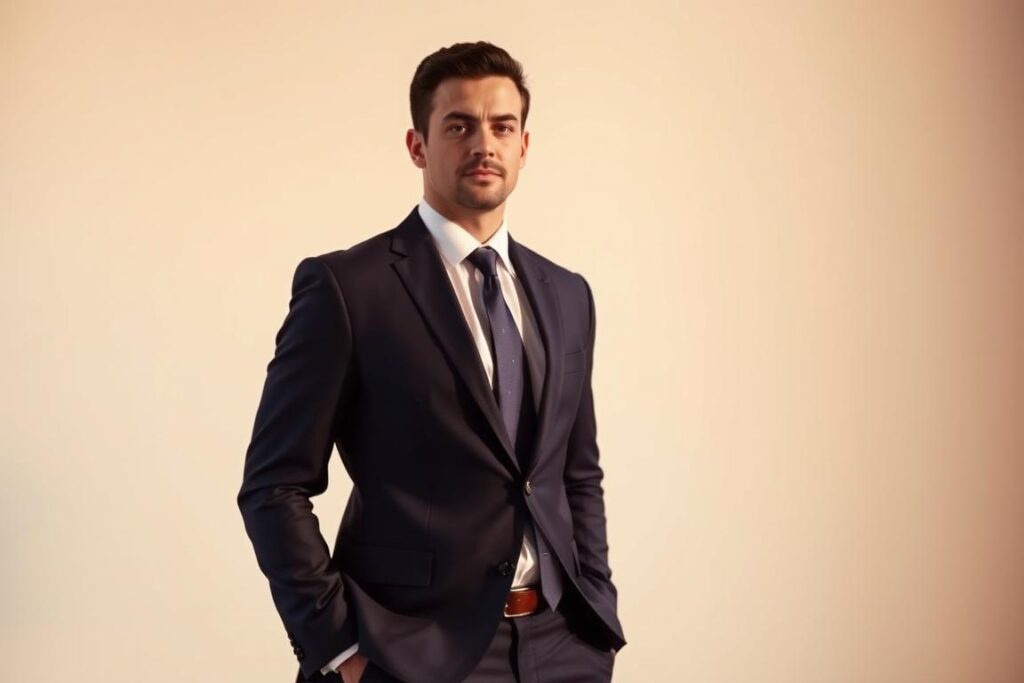 A well-dressed professional standing confidently in a formal business attire, composed of a sharp navy suit, a crisp white shirt, and a coordinating tie. The lighting is warm and directional, casting subtle shadows that accentuate the contours of the outfit. The background is a minimalist office setting, with a clean, subtle texture that does not distract from the focal point. The overall mood is one of refined sophistication and attention to detail, reflecting the importance of making a positive first impression during a job interview.