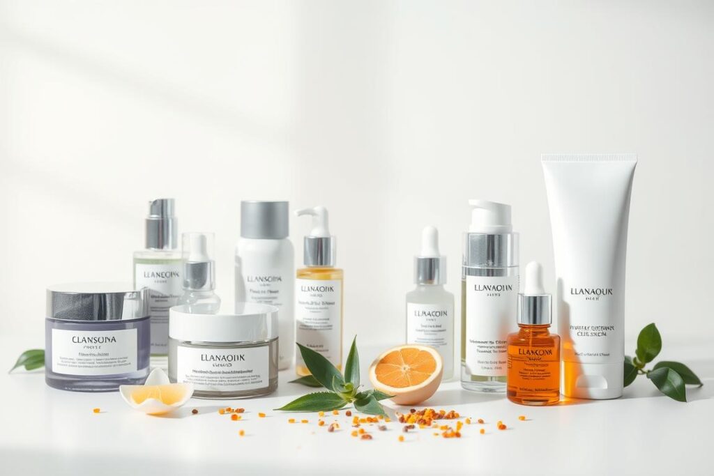 A well-lit and elegantly arranged composition of various dermatologist-recommended skincare products. In the foreground, a selection of high-quality moisturizers, serums, and cleansers in minimalist packaging sit atop a clean, white surface. The middle ground features a scattering of natural ingredients like aloe vera, vitamin C, and hyaluronic acid, hinting at the products' efficacy. In the background, a soft, blurred gradient creates a sense of depth and professionalism. The overall mood is one of clinical expertise, scientific rigor, and an unwavering commitment to healthy, glowing skin.