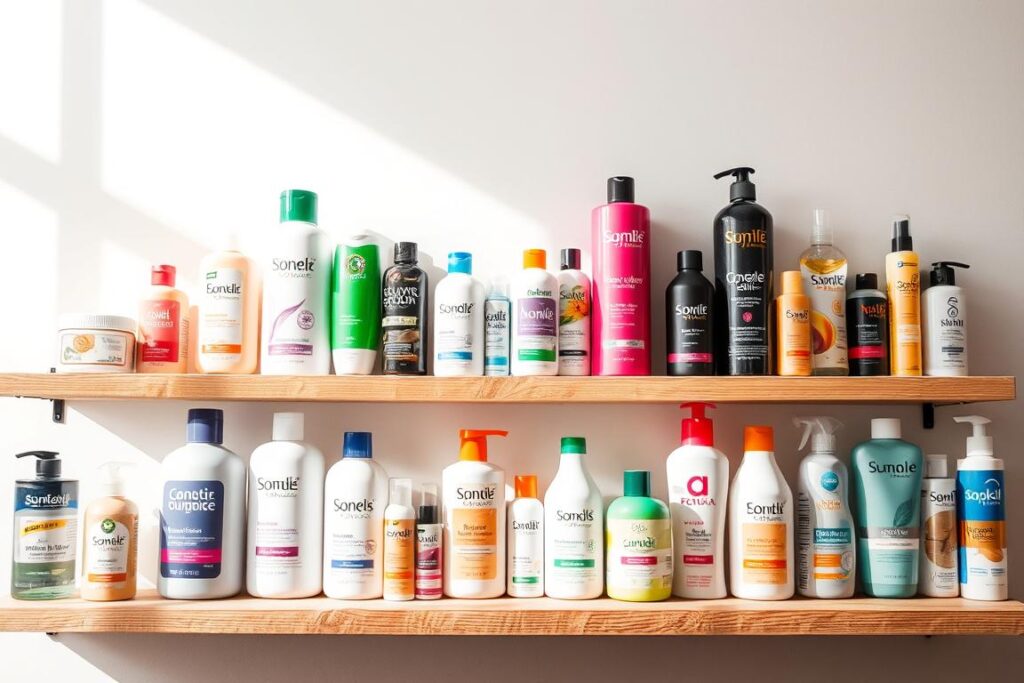 A well-lit, artfully arranged display of diverse affordable haircare products, including shampoos, conditioners, and styling aids from reputable drugstore and mass-market brands. The products are neatly organized on wooden shelves against a clean, minimalist background, with soft, natural lighting highlighting their vibrant packaging and textures. The overall scene conveys a sense of quality, accessibility, and an attainable path to beautiful, healthy hair for all.