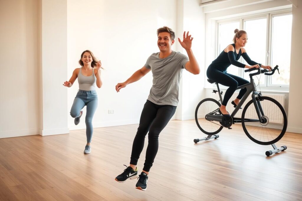 A well-lit, bright and airy studio setting with a hardwood floor. In the foreground, a young woman performing jumping jacks, her expression focused and energetic. In the middle ground, a man doing high knees, his movements dynamic and purposeful. In the background, a person steadily pedaling on a stationary bike, their form upright and engaged. Soft, natural lighting filters through large windows, casting a warm glow over the scene. The overall atmosphere is encouraging and motivating, inspiring viewers to join in these beginner-friendly cardio exercises.