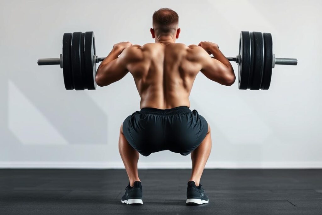 A well-lit, high-resolution image of a person performing a barbell squat with proper form, capturing the essential elements of strength training technique correction. In the foreground, the subject's body is positioned with a straight back, knees tracking over toes, and hips hinged back, demonstrating the correct execution of the exercise. In the middle ground, the barbell rests securely on the subject's upper back, creating a sense of balance and control. The background is a neutral, minimalist gym setting, allowing the viewer to focus on the technical details of the lift. The overall mood is one of focused determination and attention to form, conveying the importance of proper technique in strength training.