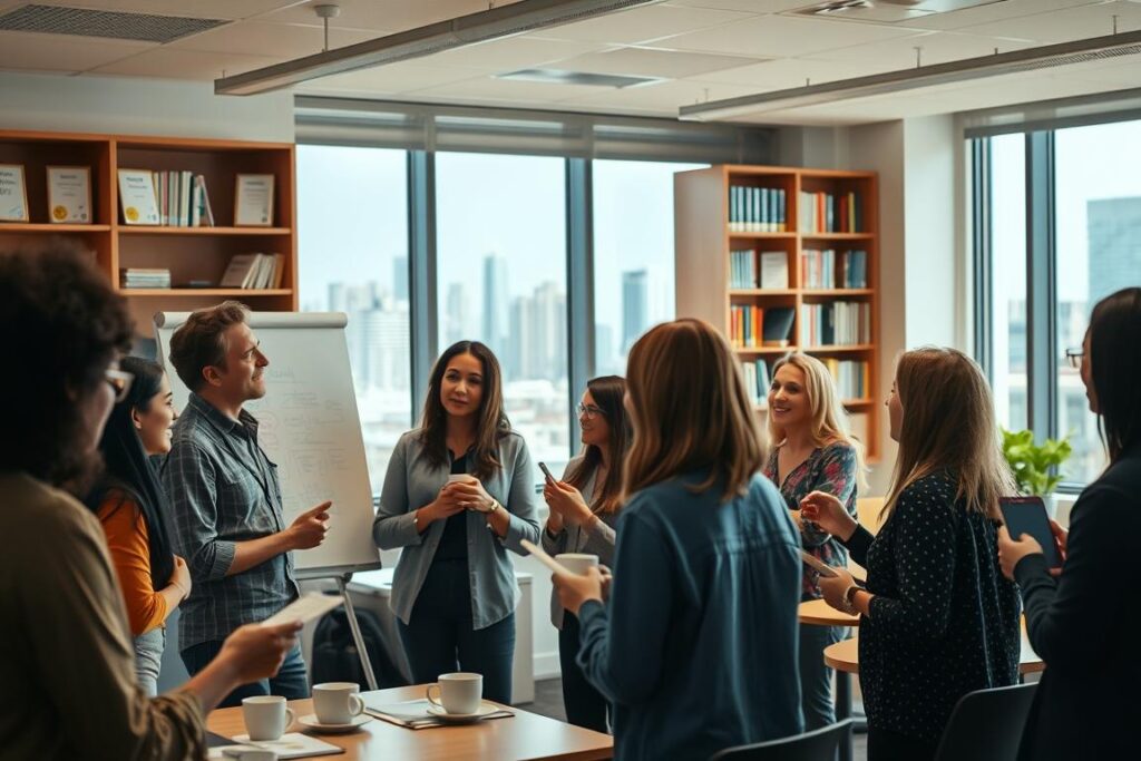 A well-lit, modern classroom setting with a diverse group of educators engaged in dynamic discussions and collaborative activities. In the foreground, a group of teachers brainstorming ideas on a whiteboard, their faces animated with enthusiasm. In the middle ground, colleagues exchanging notes and sharing insights over cups of coffee. In the background, bookcases filled with educational resources and a large window overlooking a vibrant city skyline, suggesting a sense of urban professional development. The lighting is warm and inviting, creating a atmosphere of intellectual growth and camaraderie. The overall scene conveys the collegial and innovative nature of professional development in the field of education.