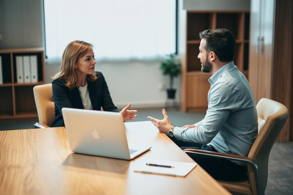 A well-lit office setting with a wooden desk and comfortable chairs. On the desk, a laptop and a notepad with a pen. Two people are sitting across from each other, engaged in a thoughtful discussion, their body language indicating active listening and open communication. Soft, warm lighting illuminates the scene, creating a sense of collaboration and understanding. The background is subtly blurred, focusing the viewer's attention on the central interaction and the exchange of feedback, a crucial element in effective communication.