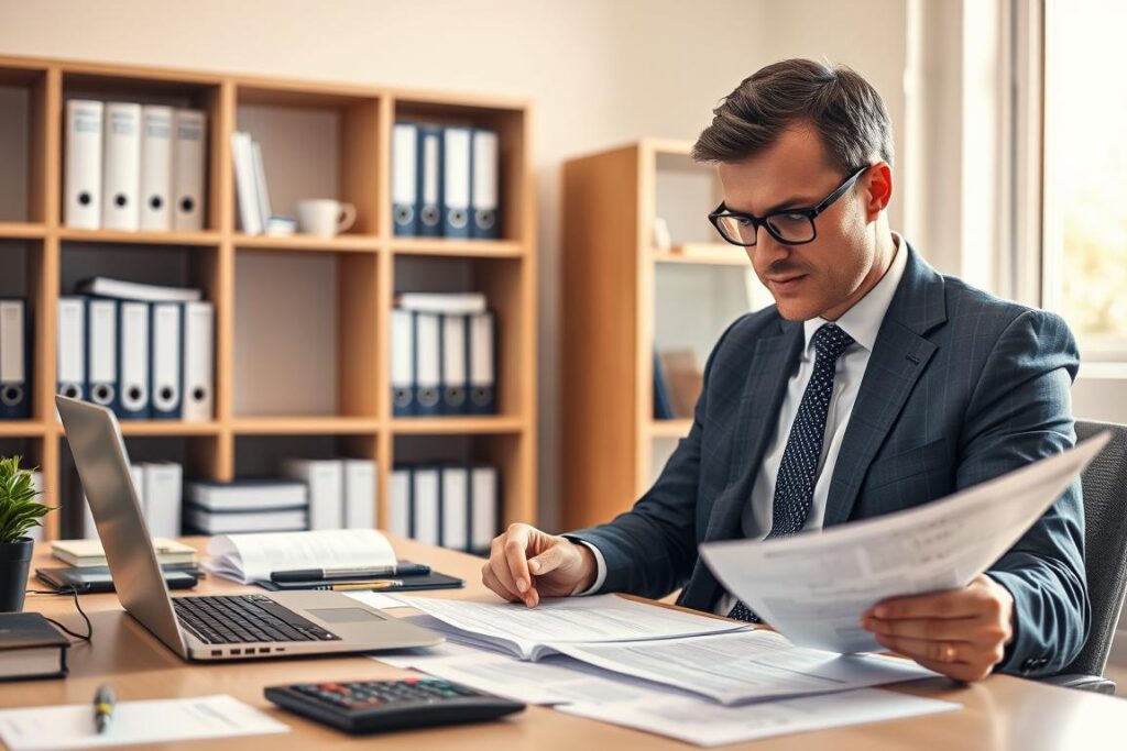 A well-lit office space with a desk displaying financial documents, a laptop, and a calculator. Soft natural light filters in from a window, casting a warm glow on the scene. In the foreground, a businessman in a suit thoughtfully examines tax forms, considering various deductions and credits. Behind him, shelves hold accounting ledgers and tax reference books, hinting at the depth of knowledge required to navigate business tax-saving options. The overall atmosphere is one of focused concentration and careful financial planning, reflecting the importance of exploring tax-saving strategies for a successful business.