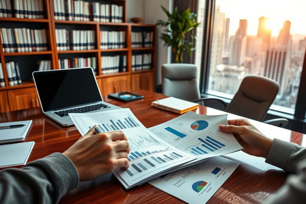 A well-lit office workspace with a polished wooden desk, a laptop, and a stack of financial documents. In the foreground, a person's hands are reviewing investment charts and reports, a look of concentration on their face. The middle ground features a bookshelf filled with financial literature, and the background shows a large window overlooking a bustling city skyline, casting a warm glow across the scene. The overall atmosphere conveys a sense of diligence, focus, and the importance of the investment review process.