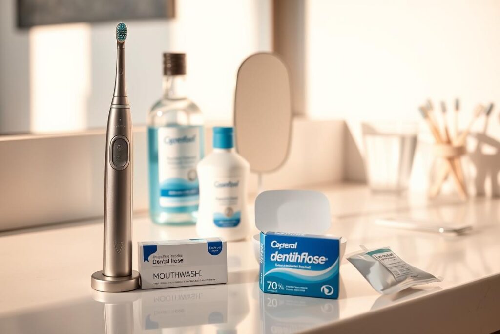 A well-lit, pristine countertop showcasing an assortment of essential dental care products. In the foreground, a sleek electric toothbrush, a tube of premium toothpaste, and a pack of high-quality dental floss. In the middle ground, a modern mouthwash bottle and a stylish dental mirror. The background features a minimalist glass of water and a neatly arranged set of interdental brushes. The scene is bathed in warm, natural lighting, creating a sense of cleanliness and inviting the viewer to consider the importance of maintaining optimal oral hygiene.
