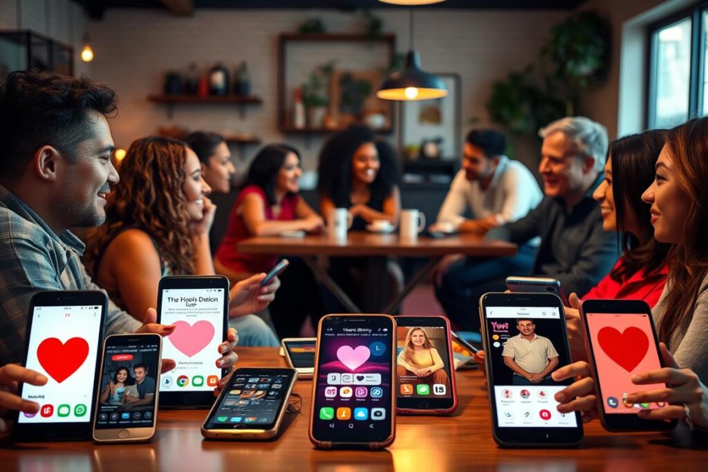 A well-lit scene depicting a group of diverse individuals engaged in an open discussion about dating safety tips. The foreground features an assortment of modern dating apps displayed on various mobile devices, symbolizing the online dating landscape. The middle ground showcases a diverse group of people, representing a range of ages, ethnicities, and genders, seated around a table and engaged in lively conversation. The background depicts a cozy, welcoming environment, such as a cafe or community center, with warm lighting and inviting decor. The overall mood is one of openness, empowerment, and a sense of community, highlighting the importance of discussing dating safety in a supportive and inclusive setting.