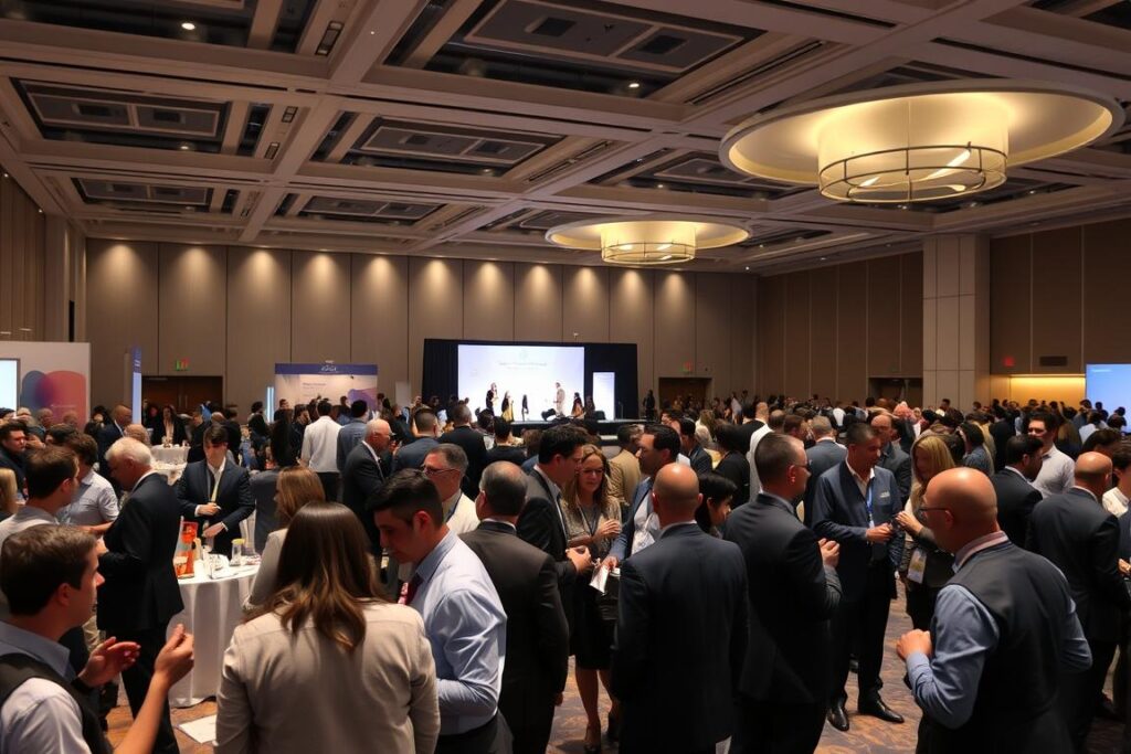A well-lit, spacious event hall with sleek modern decor and high ceilings. In the foreground, a group of professionals in business attire engaged in lively discussions, exchanging business cards and shaking hands. In the middle ground, vendors showcase their products and services at elegantly decorated booths. The background features a stage with a podium, where a speaker delivers a presentation to a captivated audience. Subtle ambient lighting casts a warm, professional glow over the scene, creating an atmosphere of productivity, networking, and intellectual discourse.