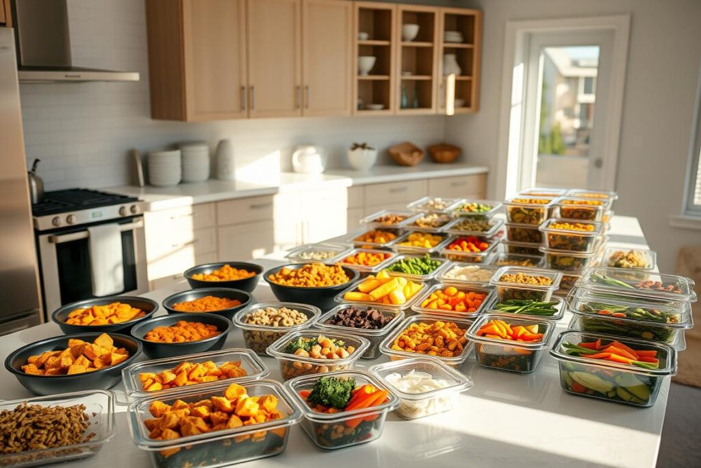 A well-lit, spacious kitchen counter showcases an array of freshly prepared dishes, including hearty stews, roasted vegetables, and neatly organized containers filled with various meal components. The scene exudes a sense of organization and efficiency, with sleek appliances and a minimalist aesthetic complementing the purposeful arrangement of the food. Sunlight streams in through the nearby windows, casting a warm glow over the meticulously arranged items, conveying a feeling of a productive and intentional meal preparation session. The overall atmosphere suggests a harmonious balance between function and aesthetics, capturing the essence of batch cooking and meal prepping for a busy household.