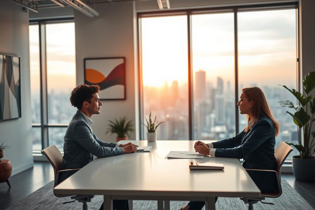 A well-lit, spacious office setting with a large window overlooking a bustling city skyline. In the foreground, two professionals sit at a modern, minimalist table, engaged in a dynamic conversation. Their body language suggests active listening, with open postures and making direct eye contact. The middle ground features various office decor elements, including abstract wall art and a potted plant, conveying a sense of creativity and collaboration. The background is softly blurred, with the warm glow of sunset filtering through the window, creating a calming, reflective atmosphere. The overall scene radiates an aura of effective, adaptive communication.