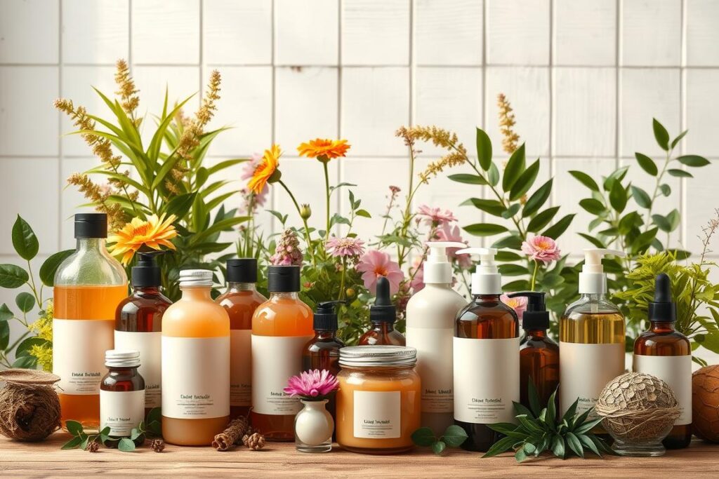 A well-lit studio scene showcasing an assortment of natural, eco-friendly haircare products. In the foreground, an array of glass bottles and jars in earthy tones, filled with premium botanical formulas like shampoos, conditioners, and hair oils. The middle ground features lush, vibrant plants and flowers, complementing the organic packaging. Soft, natural lighting filters through the scene, creating a warm, inviting atmosphere. The background has a minimalist, whitewashed wooden backdrop, allowing the sustainable products to take center stage. The overall composition emphasizes the harmony between nature and hair wellness, conveying a sense of mindful, responsible haircare.
