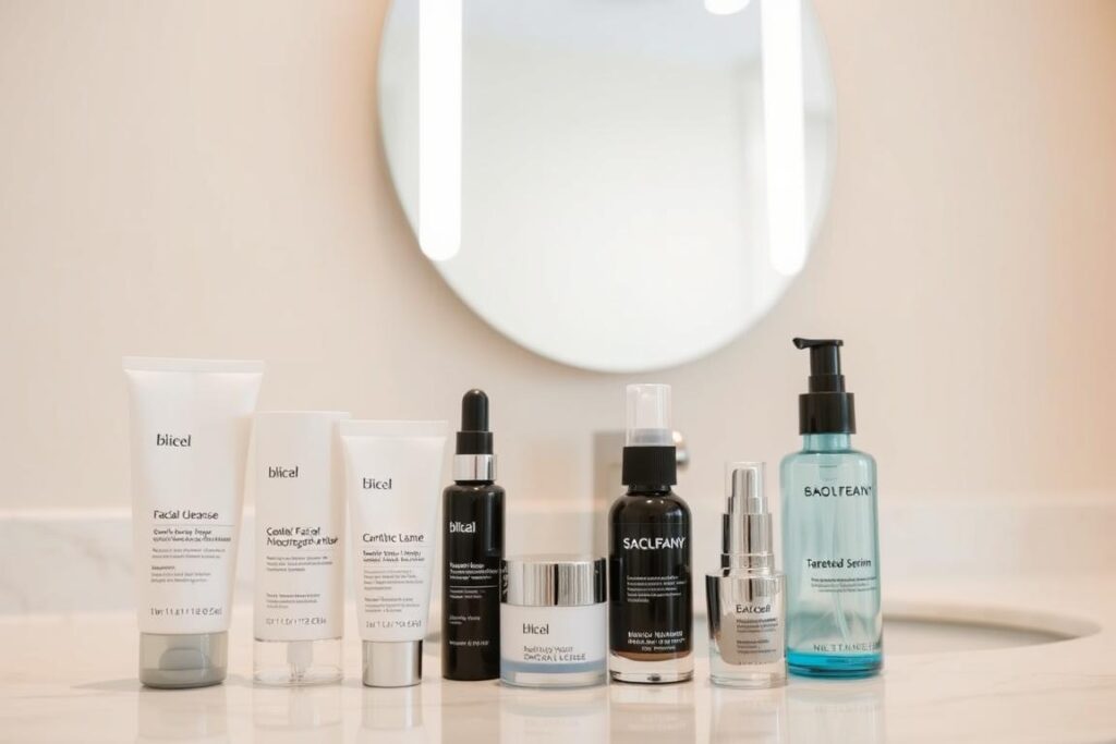 A well-lit vanity surface showcases an array of high-quality skincare products. In the foreground, a collection of carefully curated items including a gentle facial cleanser, a soothing moisturizer, and a targeted serum. The middle ground features a sleek, minimalist mirror, reflecting the serene and professional atmosphere. In the background, a softly lit, neutral-toned wall provides a calming backdrop, emphasizing the importance of a dermatologist-recommended skincare regimen for healthy, radiant skin.