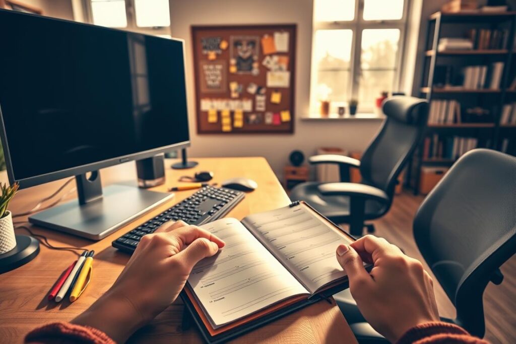 A well-organized home office with ergonomic desk setup, including a modern computer monitor, wireless keyboard, and sleek mouse. The room is bathed in warm, natural lighting from large windows, casting a cozy atmosphere. In the foreground, a person's hands are shown carefully planning a daily routine in a leather-bound planner, with colorful pens and post-it notes nearby. The middle ground features a cork board displaying motivational quotes and a weekly schedule, while the background showcases shelves filled with books and organizational tools, conveying a sense of productivity and focus.