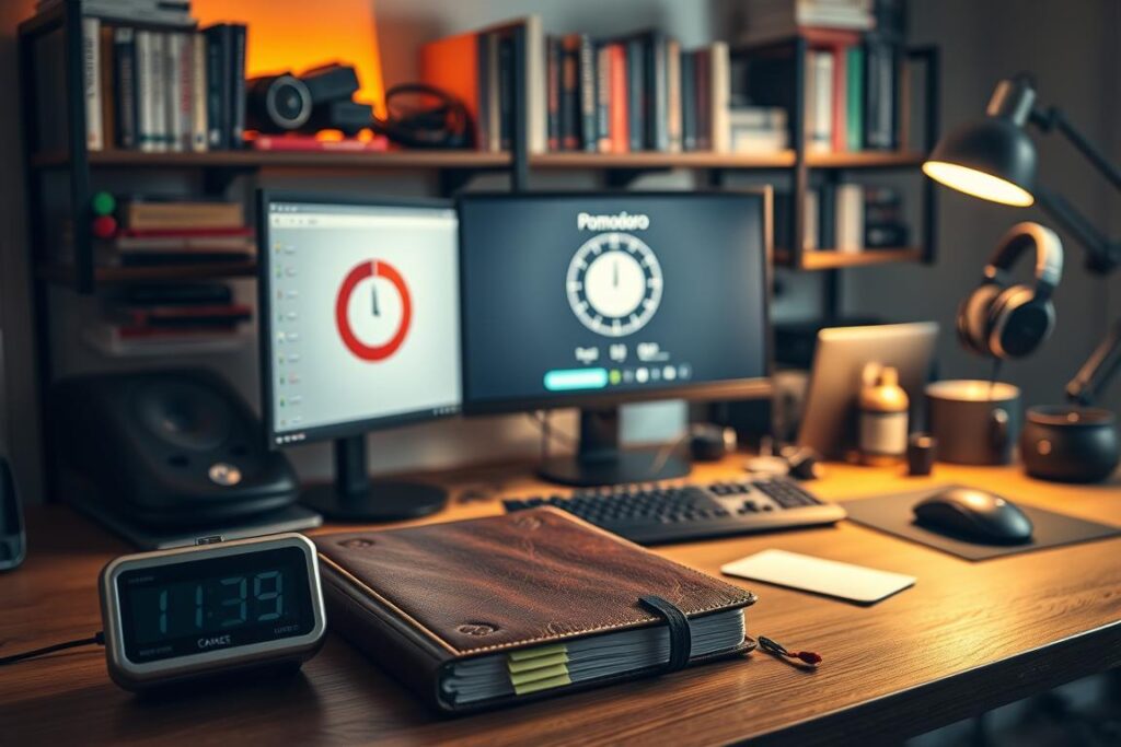 A workspace filled with an array of time management tools, bathed in warm, ambient lighting. On the foreground, a sleek, minimalist digital timer, a well-worn leather-bound planner, and a set of multicolored sticky notes. The middle ground features a modern, high-resolution monitor displaying a Pomodoro timer app, alongside a neatly organized desk with a mechanical keyboard and ergonomic mouse. In the background, shelves hold a collection of productivity books, a desk organizer, and a state-of-the-art noise-cancelling headset, all designed to optimize focus and efficiency. The overall scene conveys a sense of organization, intentionality, and a commitment to mastering the art of time management.