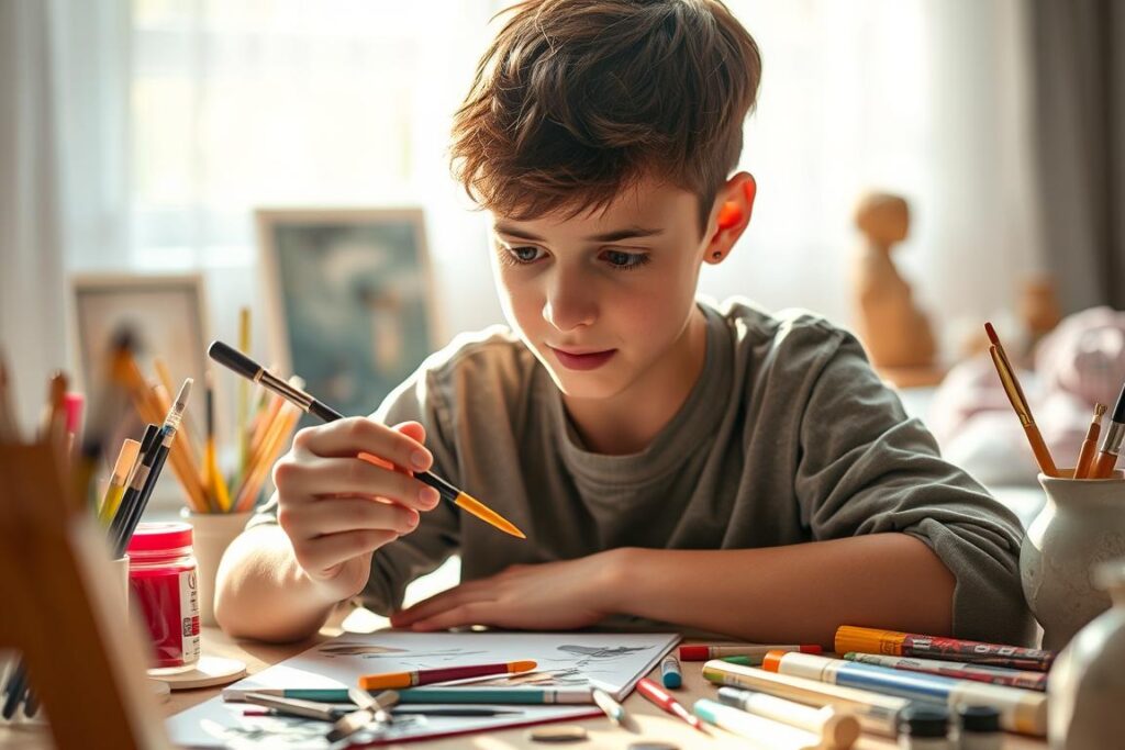 A young person engrossed in their creative hobby, surrounded by the tools and materials of their craft. Soft, natural lighting illuminates the scene, casting warm, diffuse shadows. In the foreground, a paintbrush delicately touches a canvas, the painter's face reflecting intense focus and concentration. In the middle ground, an array of art supplies, including vibrant paints, sketchpads, and sculpting tools, suggesting the versatility and multifaceted nature of the hobby. The background fades into a serene, contemplative atmosphere, hinting at the calming, meditative aspects of the creative process. The overall mood conveys a sense of mental engagement, personal growth, and cognitive stimulation through the pursuit of a passion.